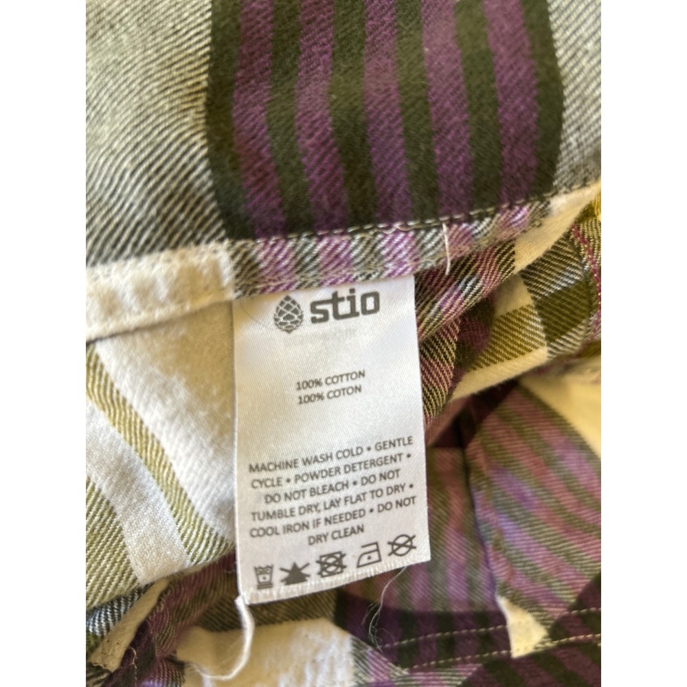 Stio Womens Plaid Flannel Shirt Purple Olive Green Cotton Button Down Medium - Picture 7 of 7
